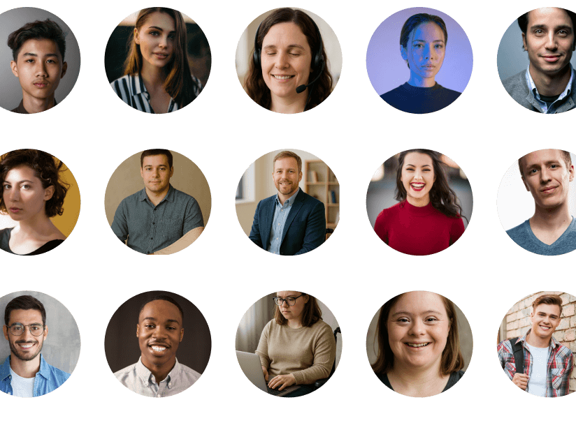Collage aus 15 Profilfotos von verschiedenen Menschen in runden Rahmen.