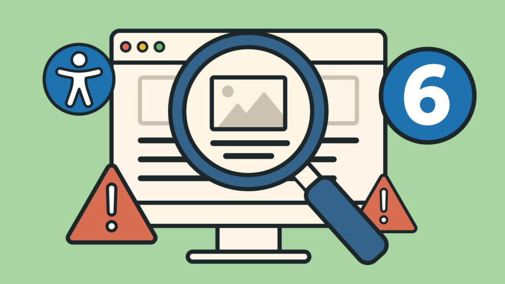 Computer mit Lupe prüft Website-Bild, umgeben von Accessibility-, Zahl-6- und Warnsymbolen