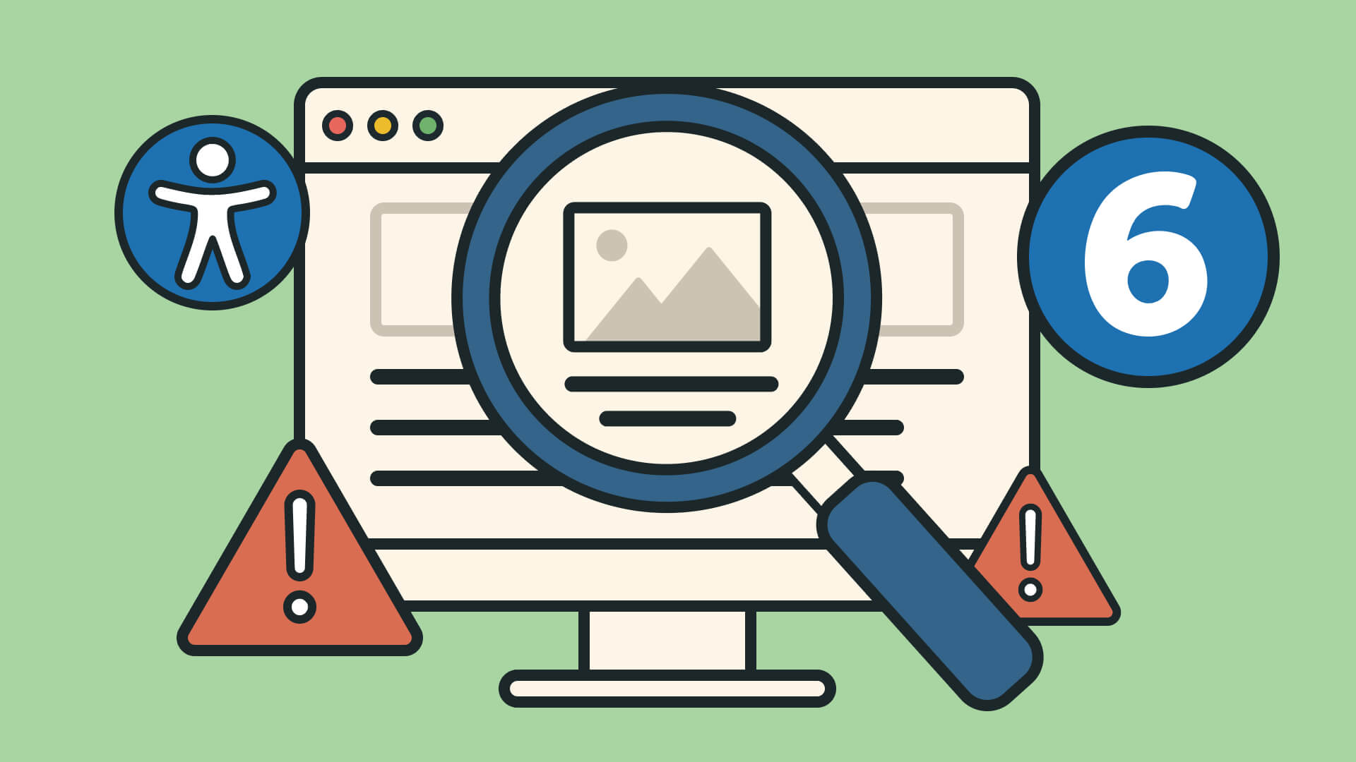 Computer mit Lupe prüft Website-Bild, umgeben von Accessibility-, Zahl-6- und Warnsymbolen