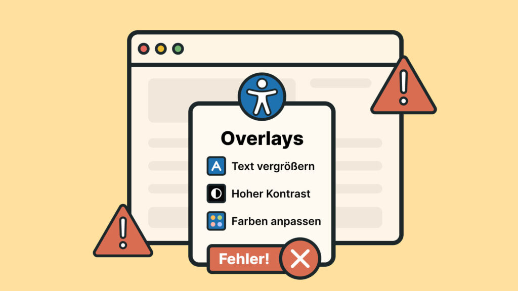 Accessibility-Overlay mit Optionen für Text vergrößern, Hoher Kontrast und Farben anpassen, umgeben von Warnzeichen