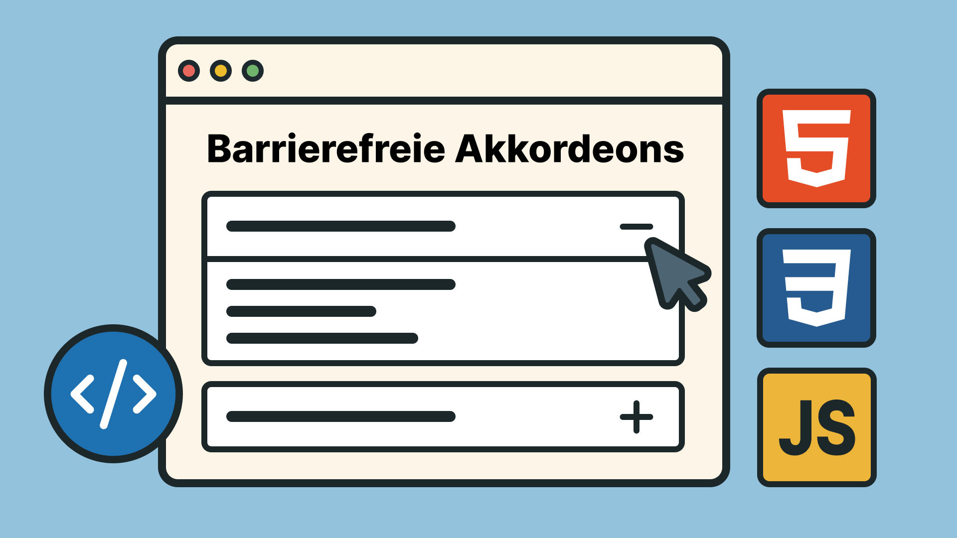 Browser zeigt barrierefreie Akkordeon-Komponente mit Code-Symbol und HTML5, CSS3, JS-Icons