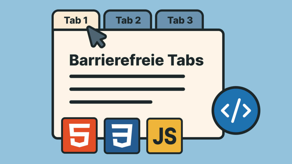 Browser zeigt barrierefreie Tab-Komponente mit Code-Symbol und HTML5, CSS3, JS-Icons