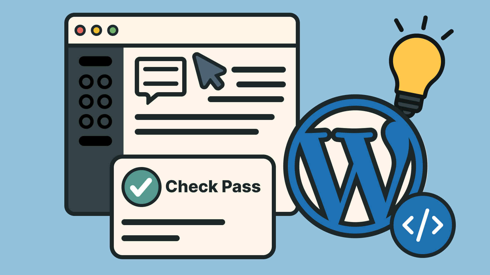 Illustration einer WordPress-Oberfläche mit „Check Pass“-Hinweis, WordPress-Logo, Code-Symbol und leuchtender Glühbirne.