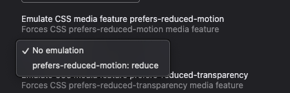 Chrome DevTools CSS-Medienfeature-Einstellungen für prefers-reduced-motion mit deaktivierter Emulation