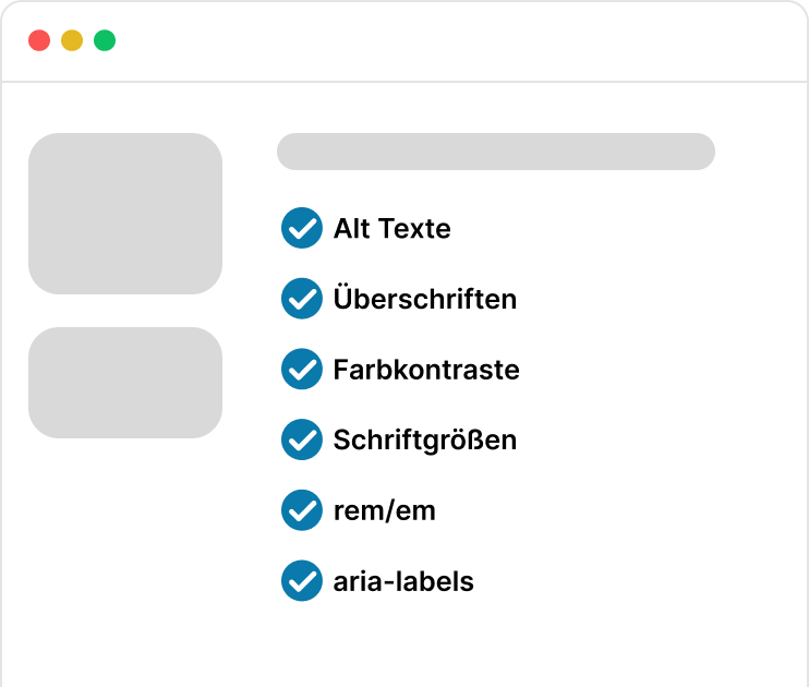 Browser-Fenster zeigt Accessibility-Checkliste mit blauen Häkchen: Alt Texte, Überschriften, Farbkontraste, Schriftgrößen, rem/em, aria-labels