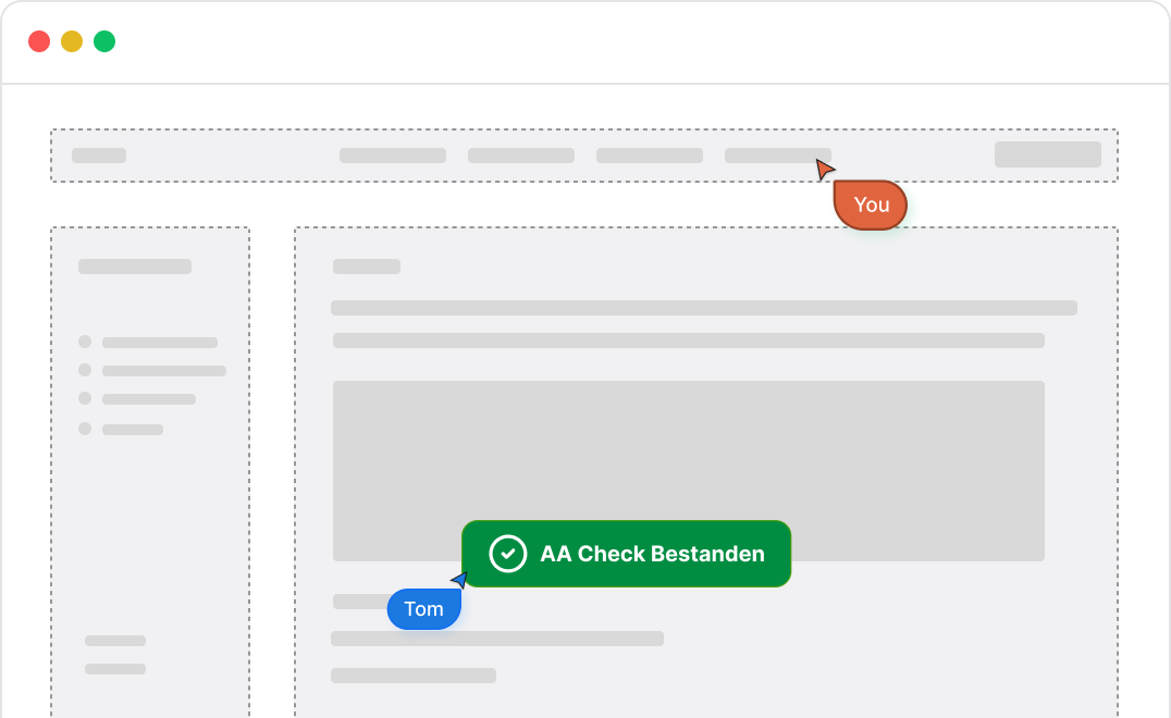 Design-Tool mit zwei Cursorn zeigt erfolgreichen AA-Check im Website-Prototyp