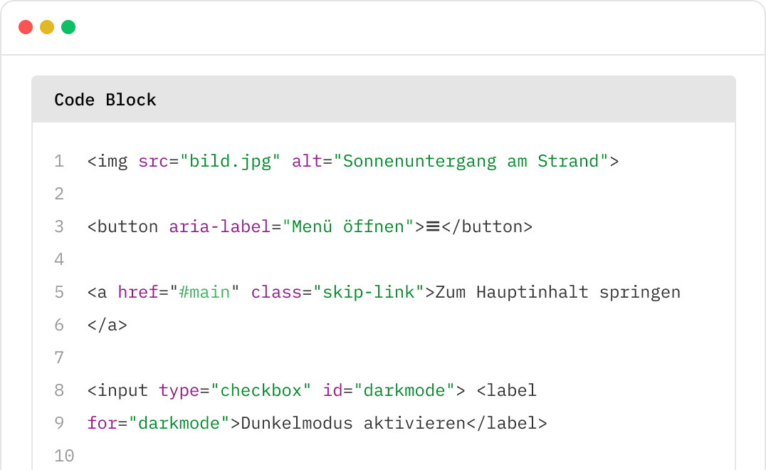 HTML-Code mit Barrierefreiheits-Beispielen: Alt-Text, aria-label, Skip-Link und korrektes Label