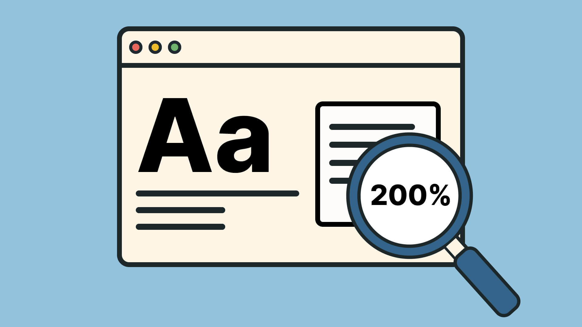 Browser-Zoom auf 200% mit Lupe vergrößert Text und Inhalte