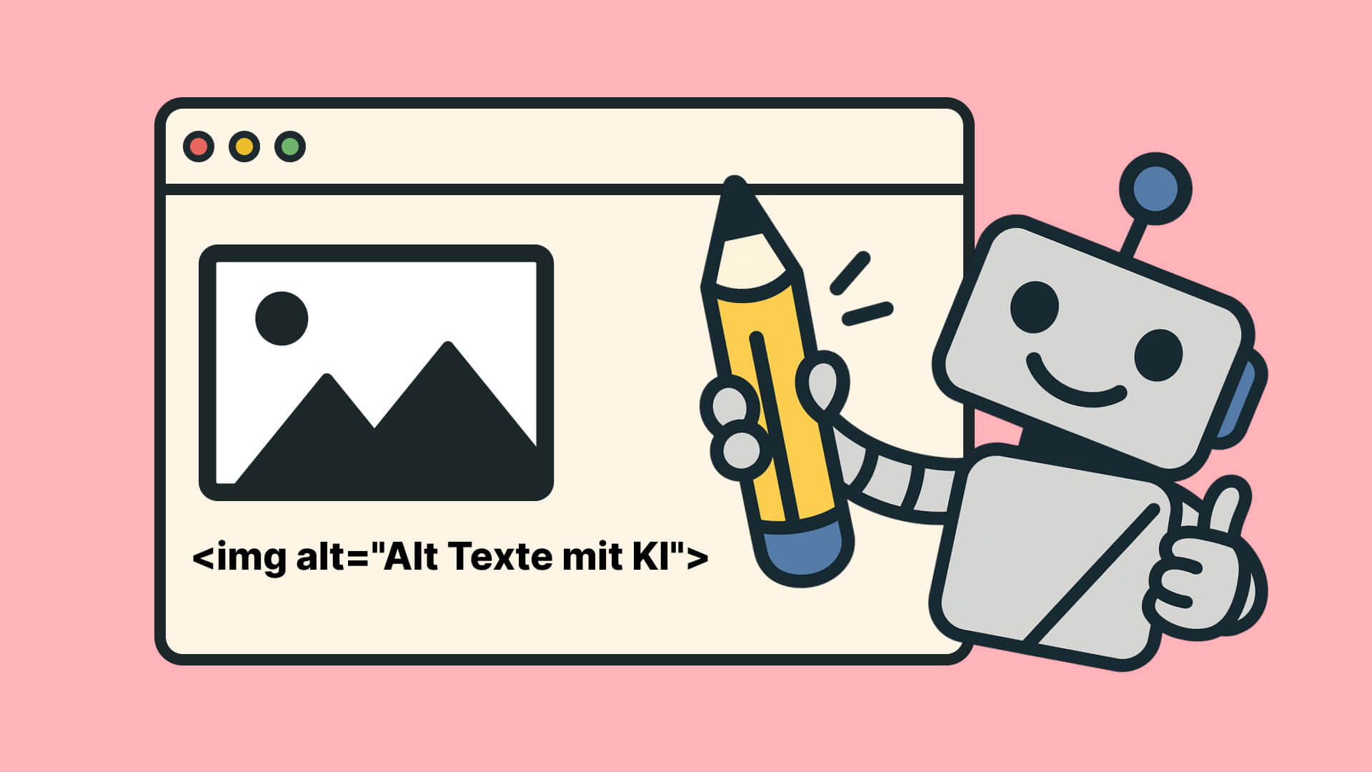 Roboter mit Stift schreibt Alt-Text-Code für Bild im Browser: 'Alt Texte mit KI