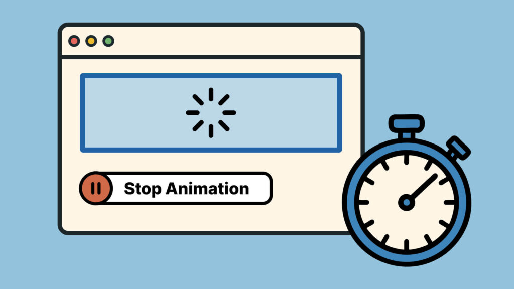 Browser mit Ladeanimation und Stop Animation-Button neben Stoppuhr
