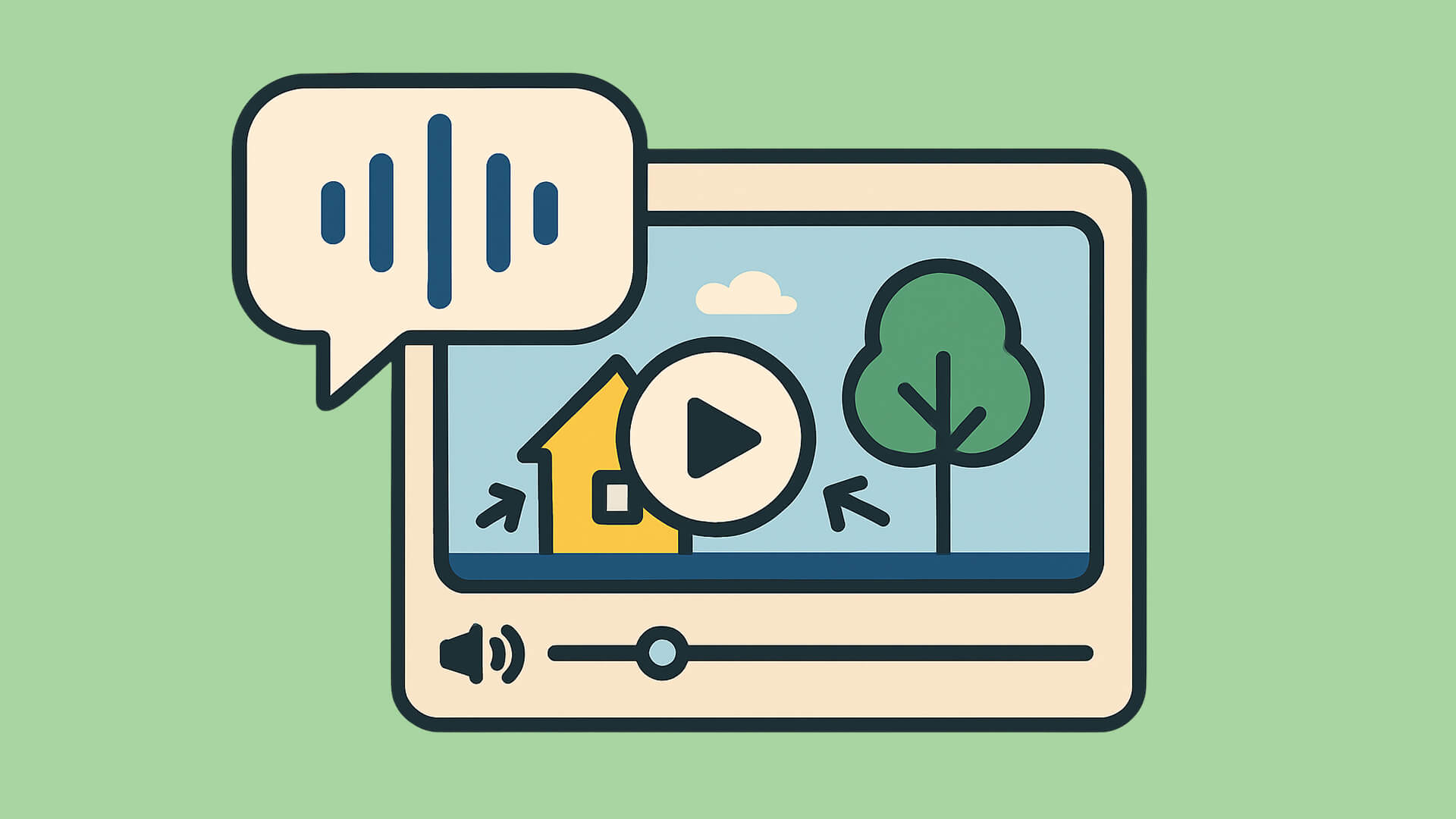 Video-Player mit Audiowellen-Symbol, Play-Button und Lautstärke-Regler für barrierefreie Medien