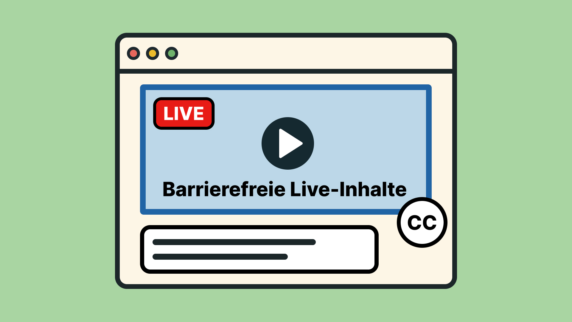 Browser zeigt Live-Video mit Untertiteln (CC) für barrierefreie Live-Inhalte