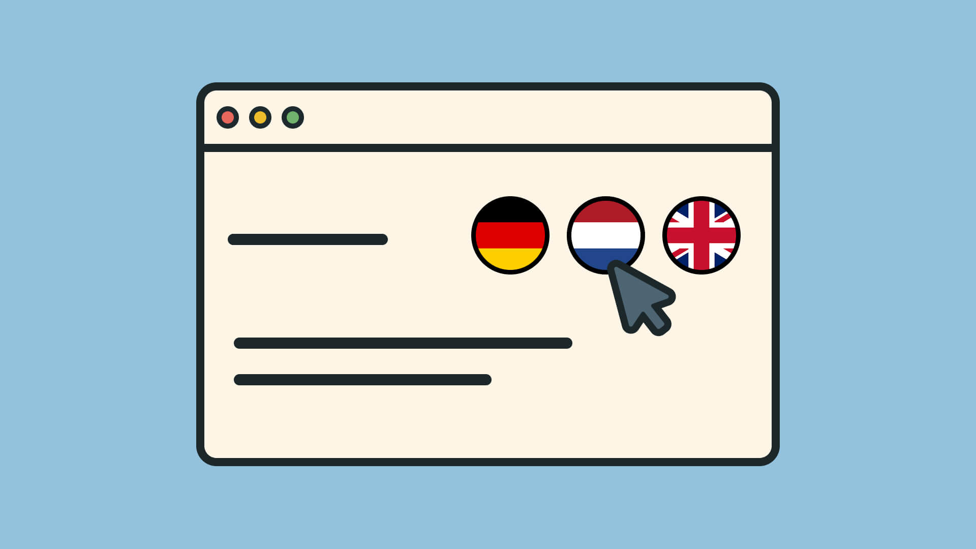 Browser mit Sprachauswahl: Deutsche, niederländische und britische Flagge