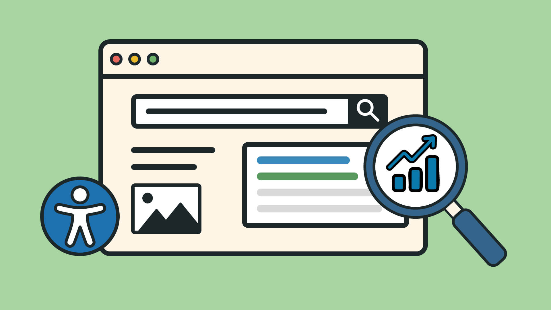 Website-Analyse mit Lupe zeigt Statistiken und Accessibility-Symbol neben Suchfunktion