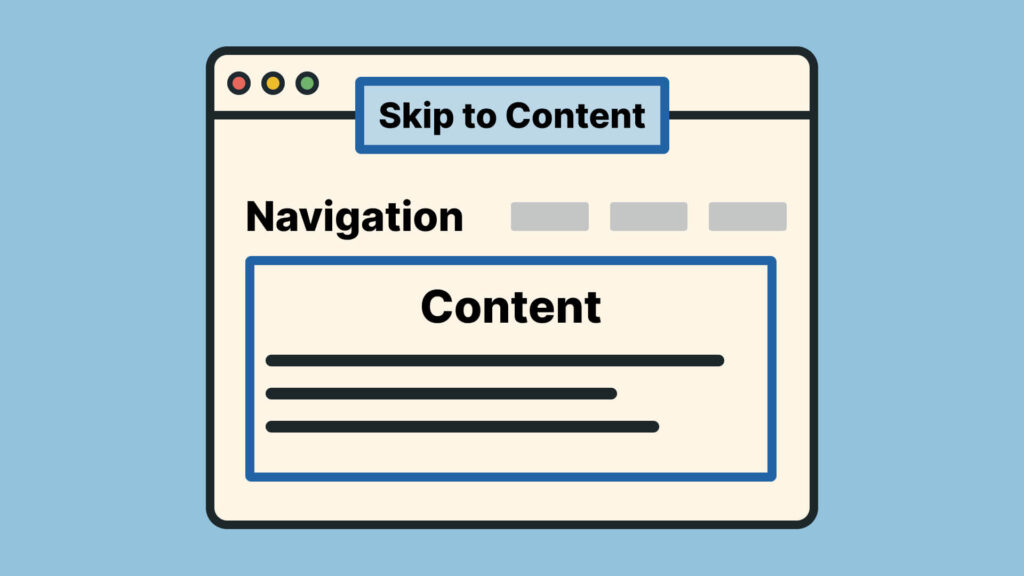 Browser-Mockup mit Skip-to-Content-Link und Seitenlayout aus Navigation und Content-Bereich