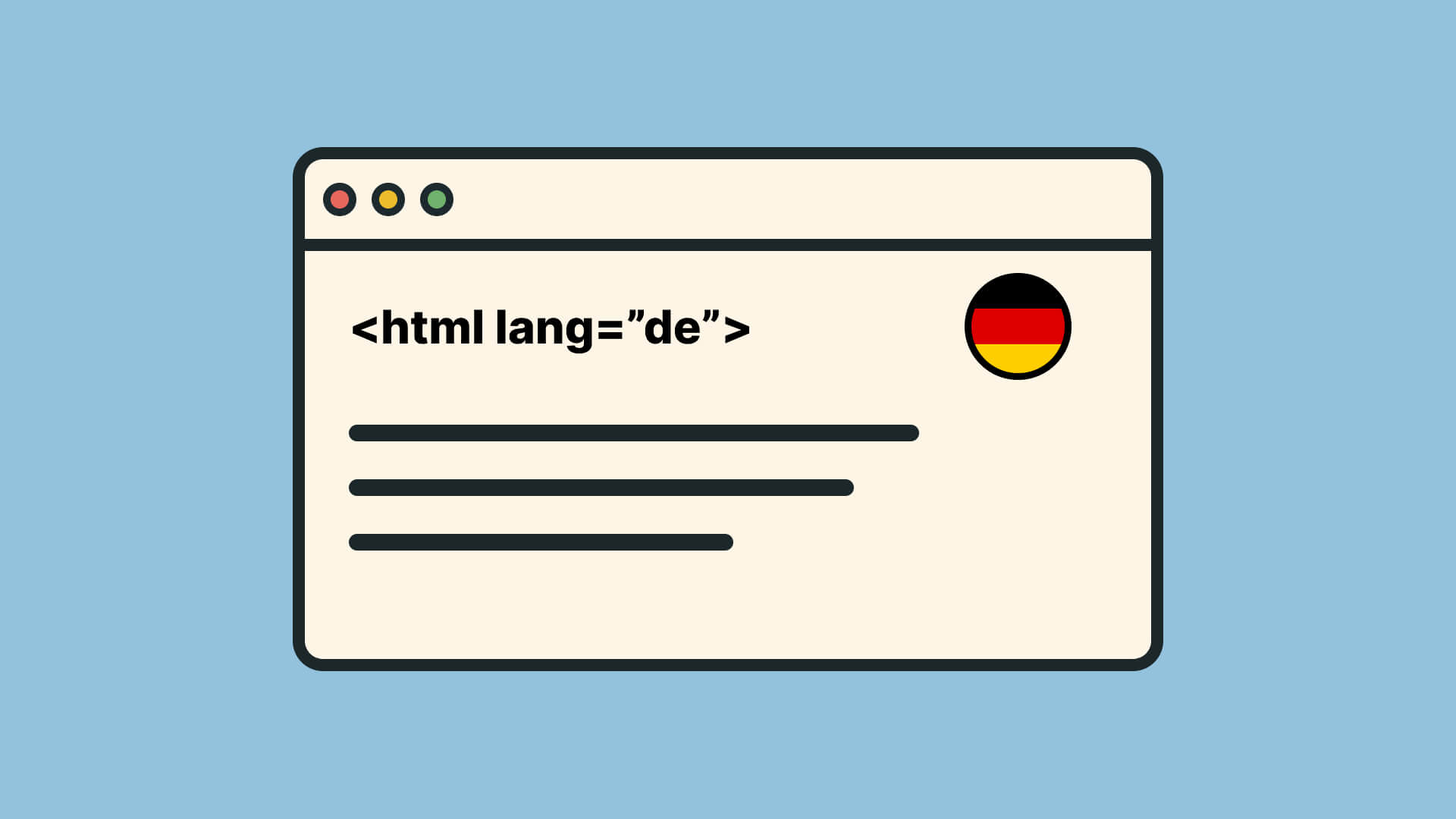 Browser zeigt HTML-Code lang='de' neben deutscher Flagge
