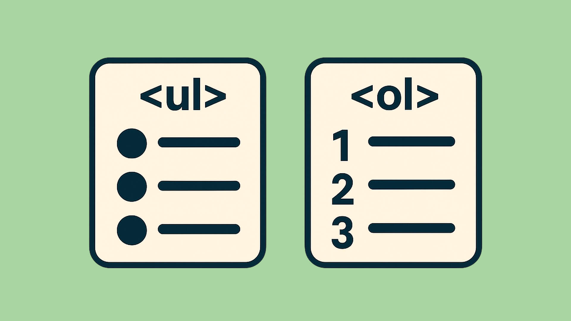 HTML-Vergleich: Ungeordnete Liste (ul) mit Punkten vs. geordnete Liste (ol) mit Zahlen