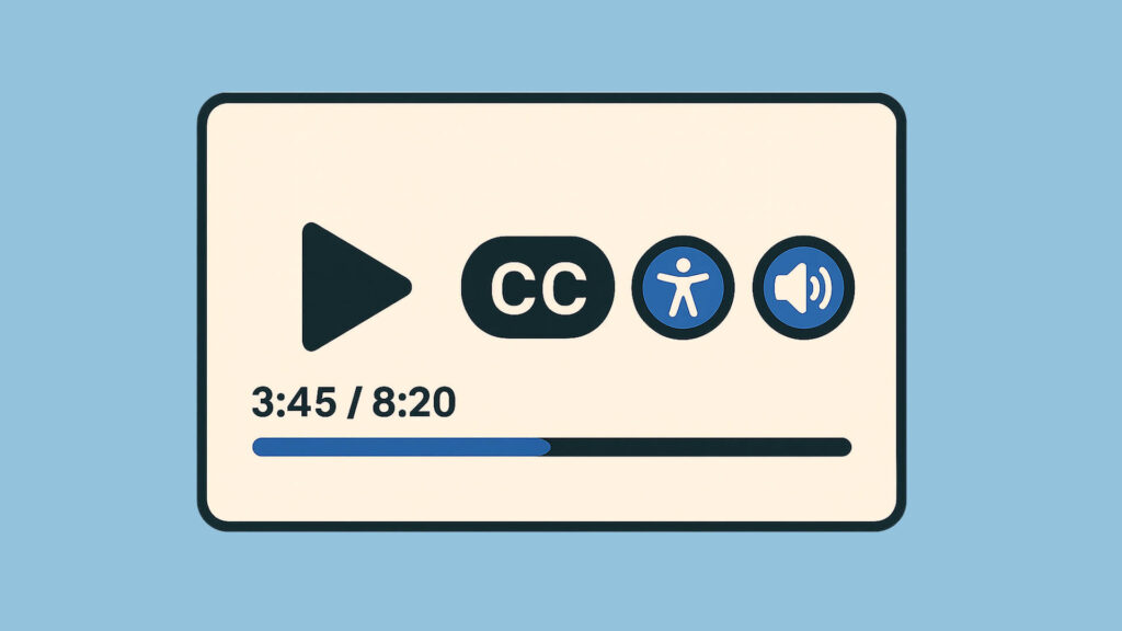 Video-Player mit Untertiteln, Accessibility- und Audio-Buttons bei 3:45 von 8:20 Minuten
