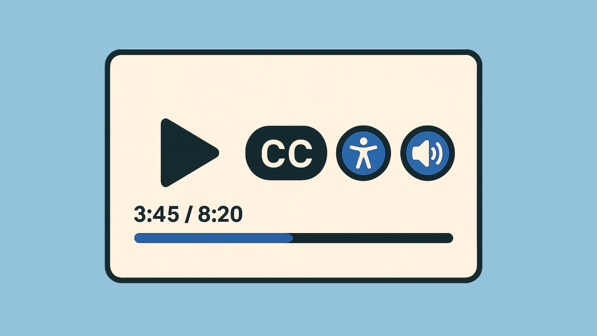 Video-Player mit Untertiteln, Accessibility- und Audio-Buttons bei 3:45 von 8:20 Minuten