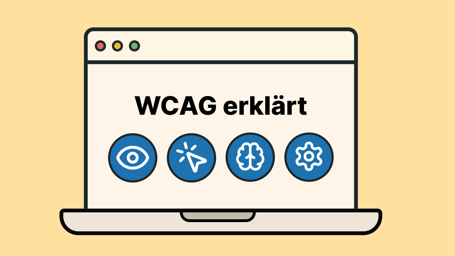 Laptop zeigt 'WCAG erklärt' mit vier Icons für Wahrnehmbarkeit, Bedienbarkeit, Verständlichkeit und Robustheit