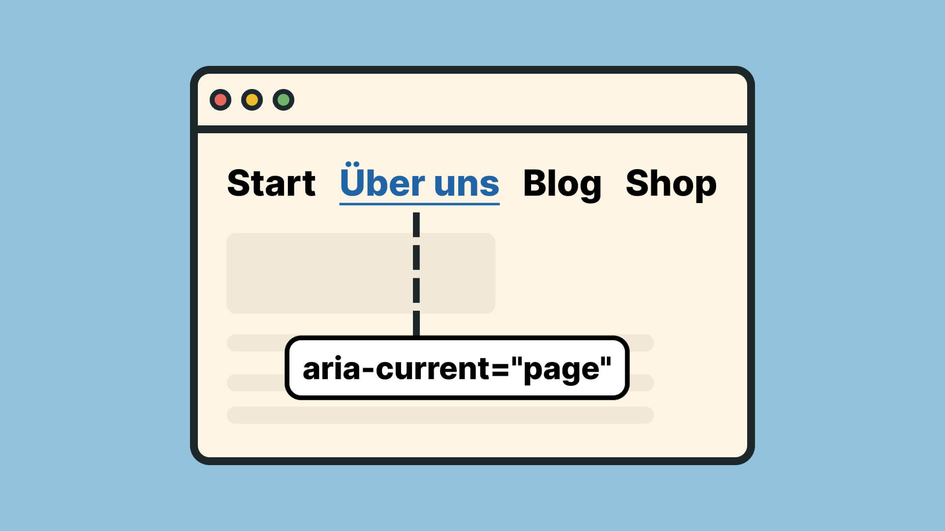 Navigation mit 'Über uns' markiert, zeigt aria-current='page' Code für aktuelle Seite