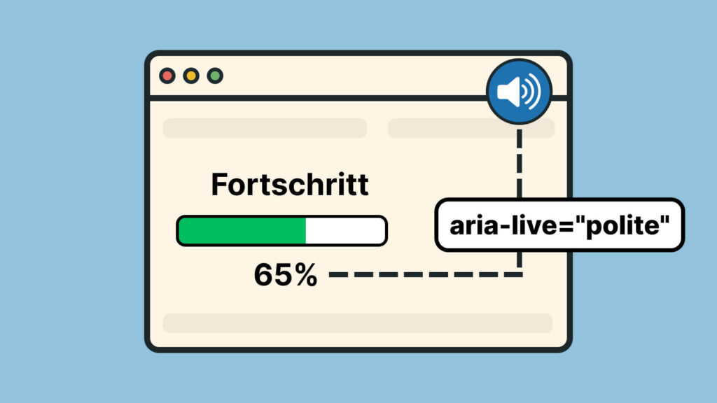 Browser-Fenster mit 65%-Fortschrittsbalken, aria-live="polite" und Lautsprecher-Symbol für Screenreader-Ausgabe