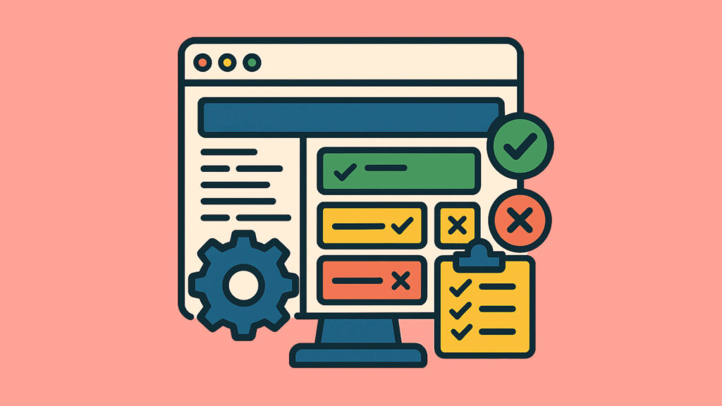 Computer mit Zahnrad zeigt Accessibility-Prüfung: grüne Häkchen und rote X-Symbole für Testergebnisse