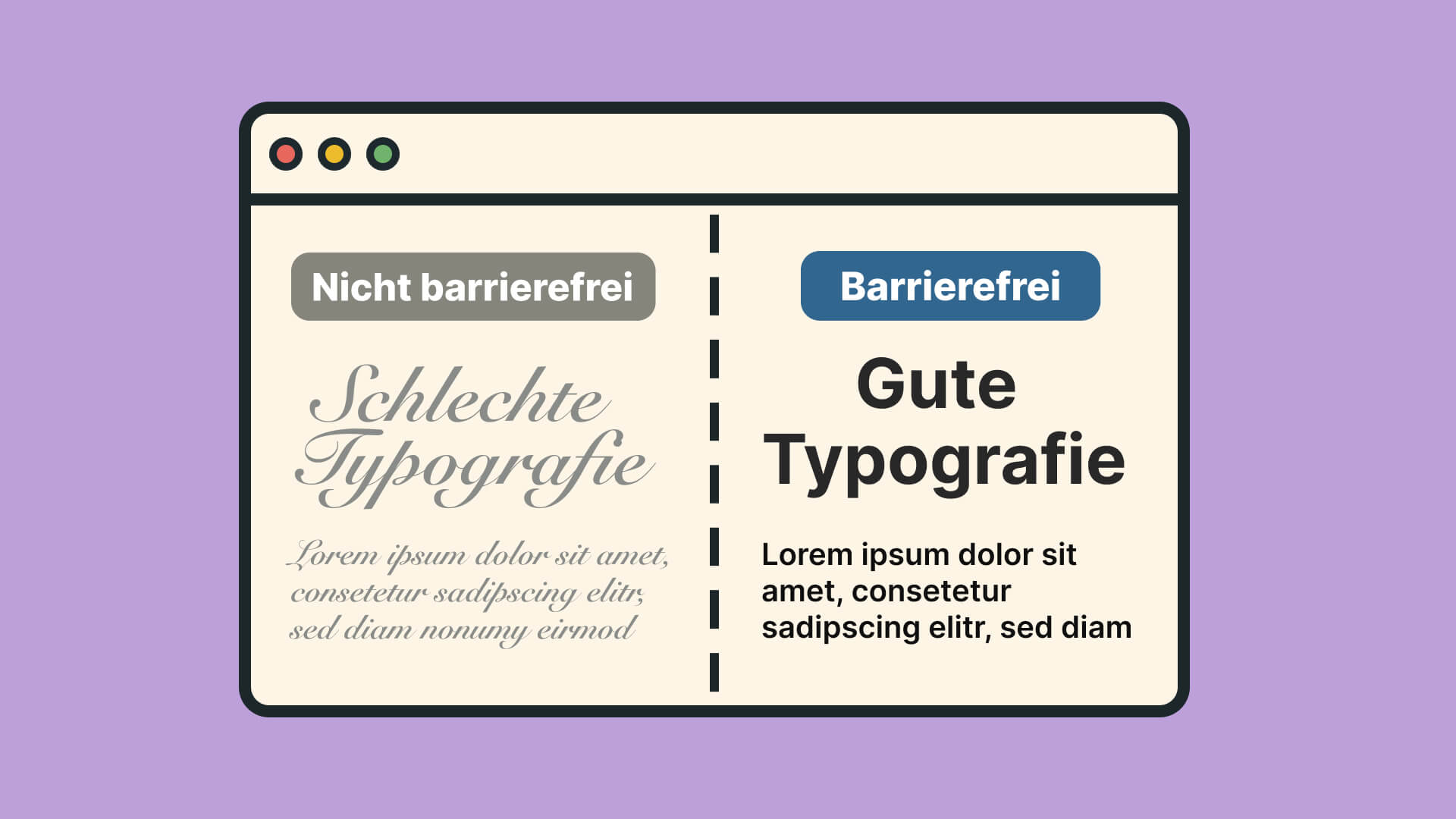Browser-Fenster mit Typografie-Vergleich: Links schlechte, rechts gute Typografie für Barrierefreiheit