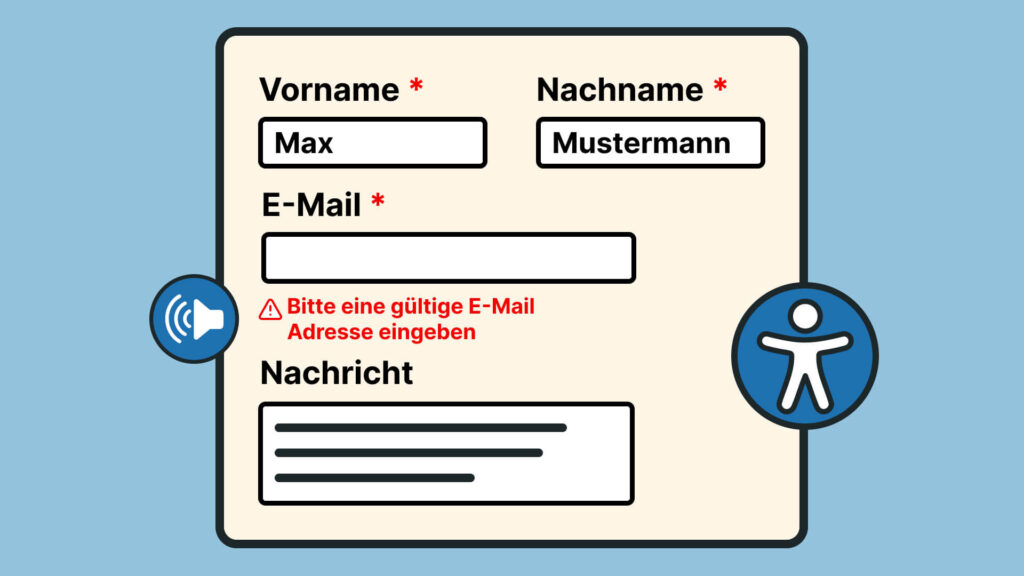 Kontaktformular mit Pflichtfeldern, Fehlermeldung bei E-Mail-Feld und Accessibility-Symbolen