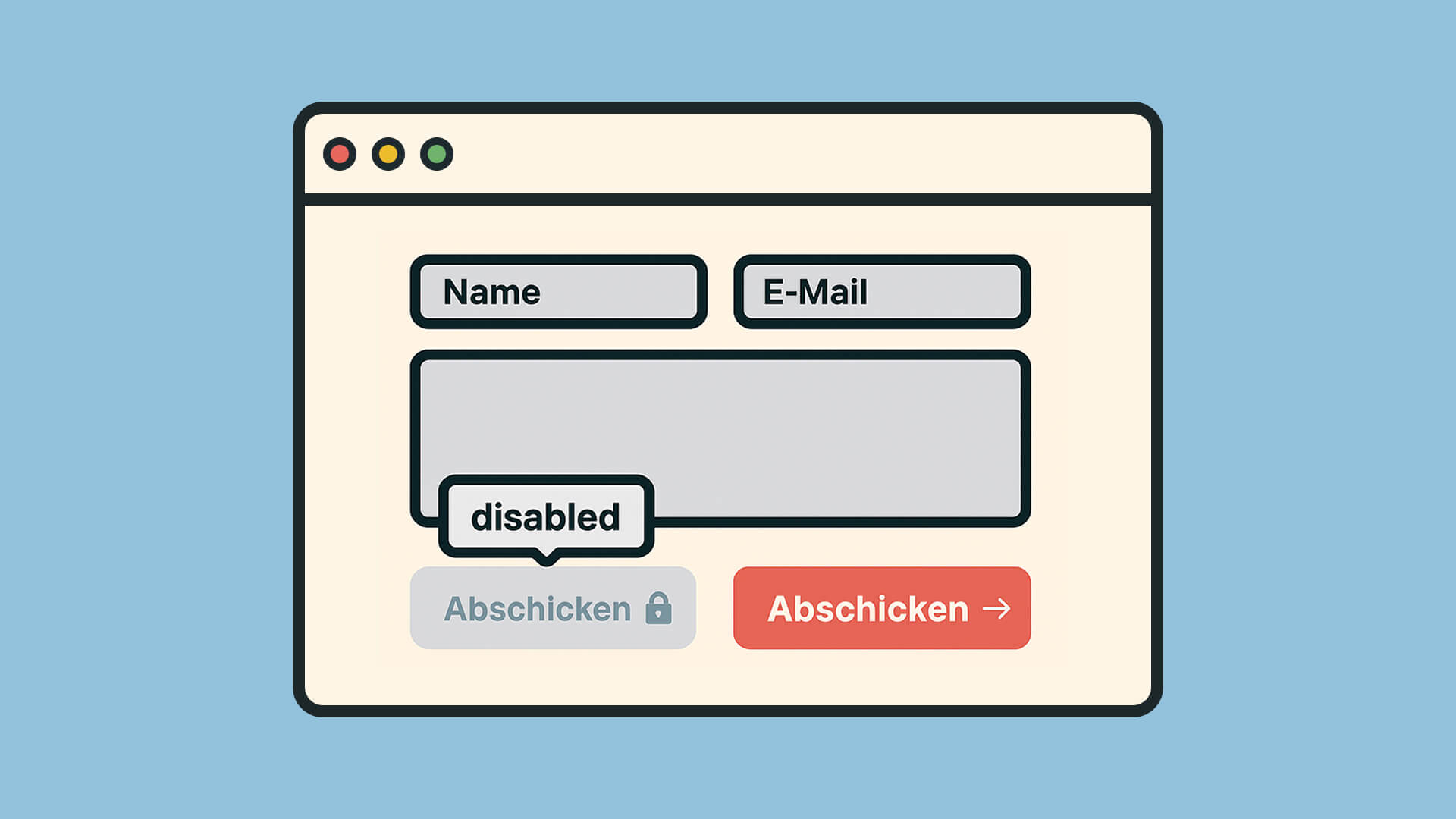 Formular mit Name- und E-Mail-Feldern, 'disabled'-Attribut bei Textfeld, deaktivierter und aktiver Button