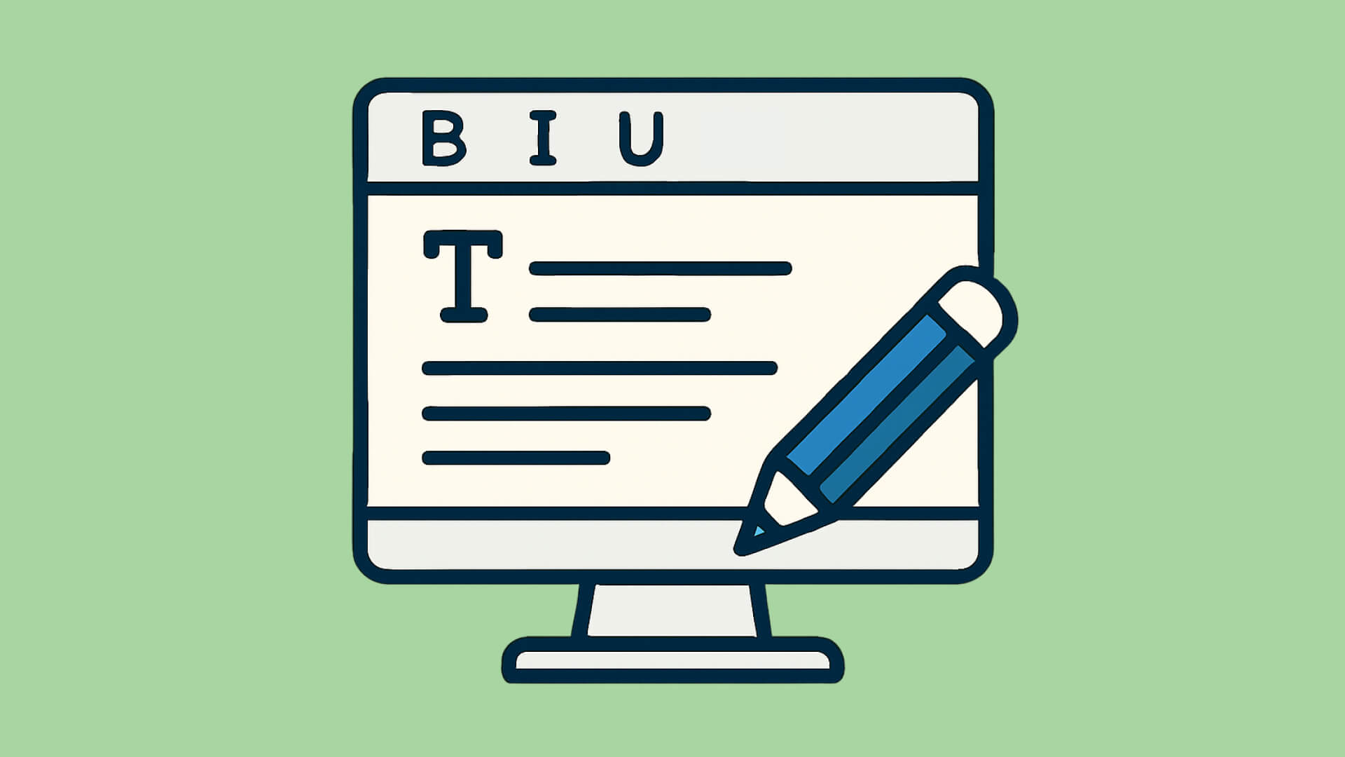 Computer-Monitor zeigt Text-Editor mit Bold-, Italic- und Underline-Buttons sowie Stift-Symbol