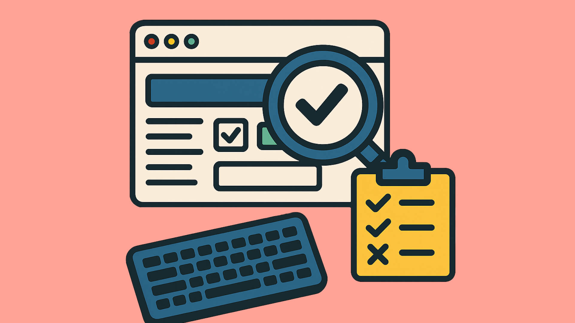 Browser mit Lupe zeigt Accessibility-Prüfung, Tastatur und Checkliste mit Häkchen und X-Symbolen