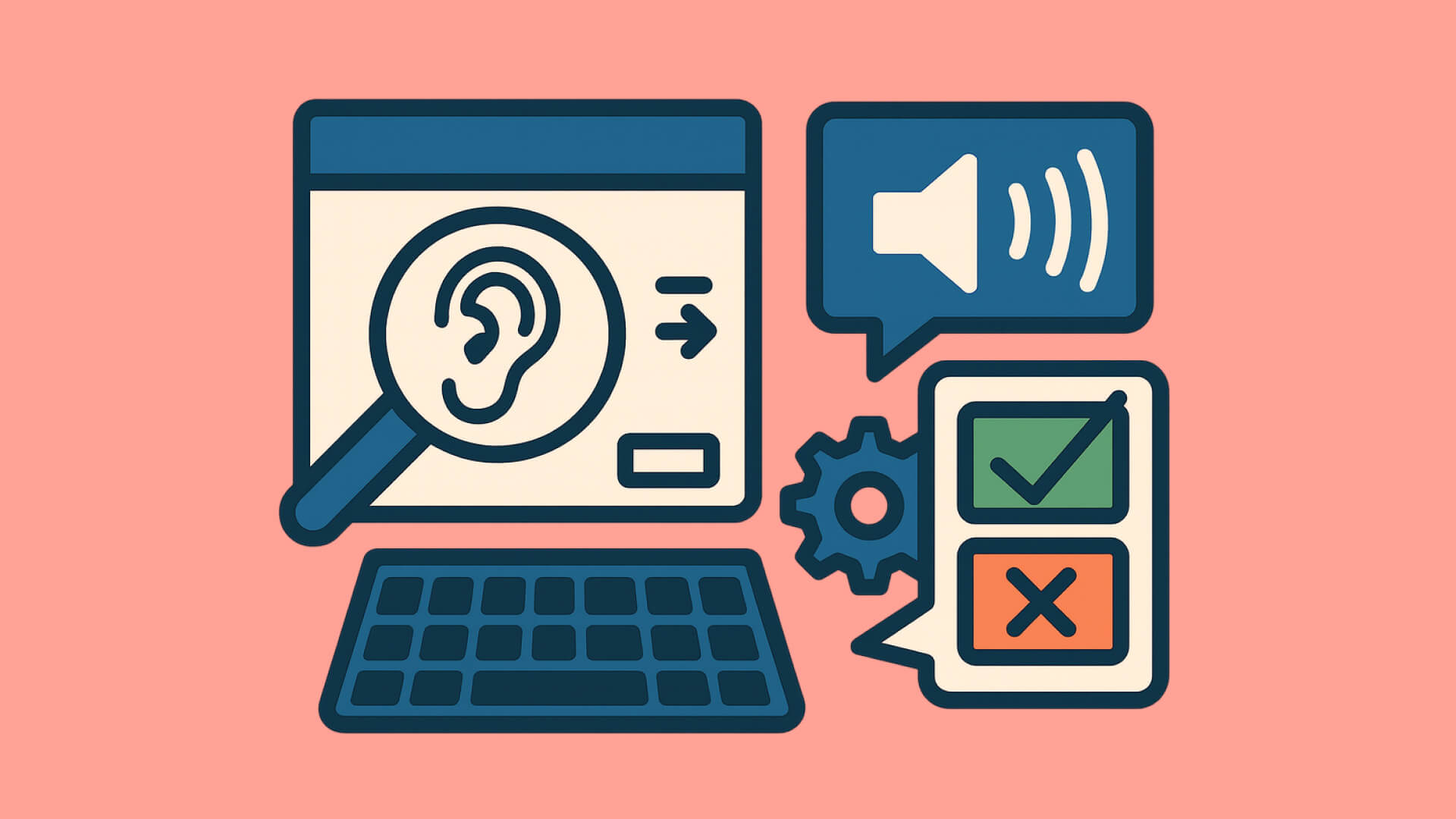 Laptop mit Lupe zeigt Ohr-Symbol, umgeben von Audio-, Einstellungs- und Bewertungs-Icons