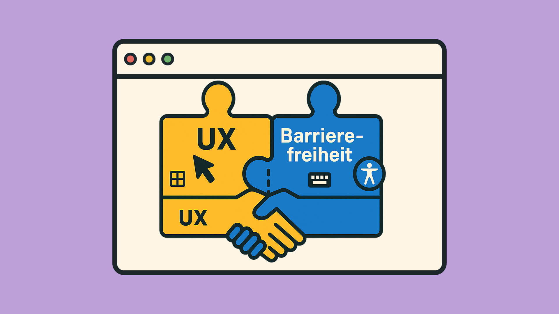 Browser-Fenster mit Puzzle-Teilen für "UX" und "Barrierefreiheit", die sich per Handschlag verbinden