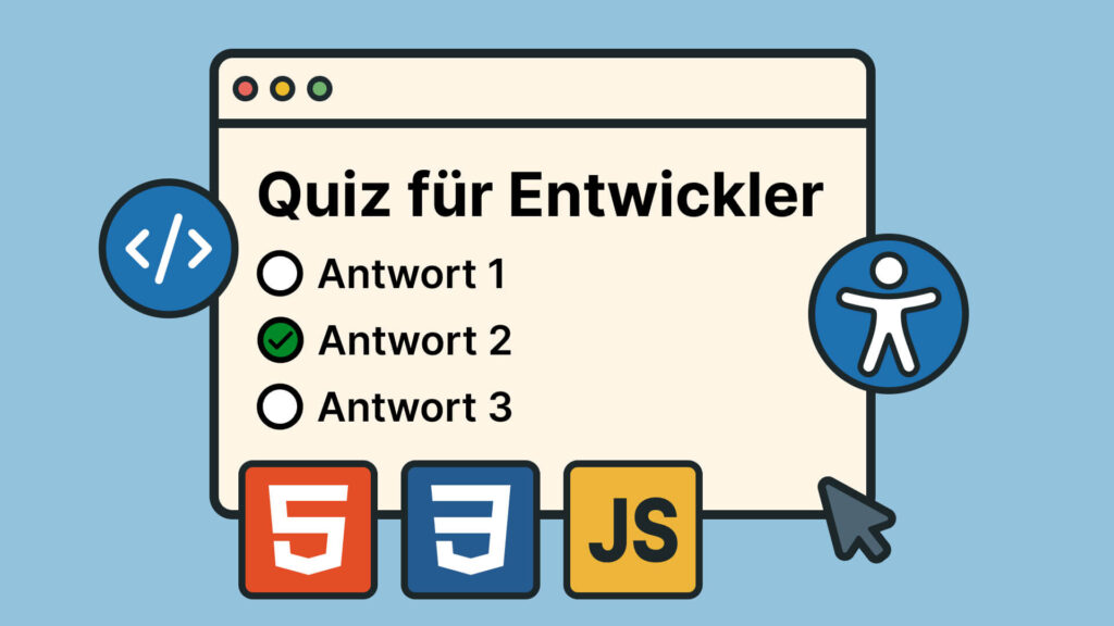 Quiz für Entwickler zeigt HTML5, CSS3, JavaScript-Icons mit Code- und Accessibility-Symbol