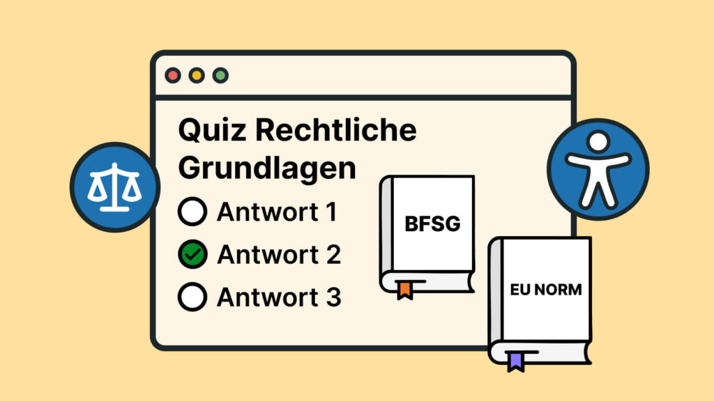 Quiz Rechtliche Grundlagen mit Waage-Symbol, BFSG- und EU-NORM-Büchern neben Accessibility-Icon
