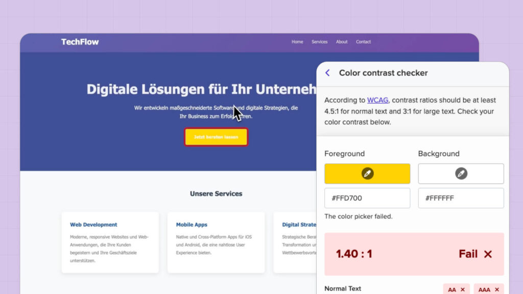 TechFlow Website mit Color Contrast Checker Tool zeigt Farbkontrast-Prüfung mit Fail-Ergebnis