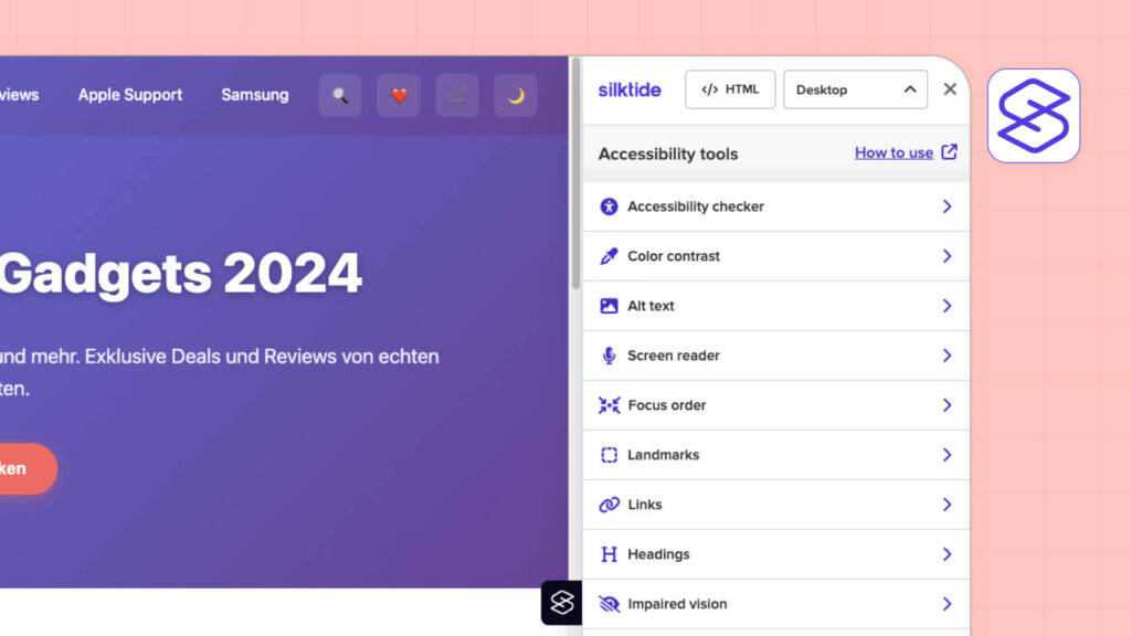 Silktide Extension zeigt Accessibility-Funktionen auf Website
