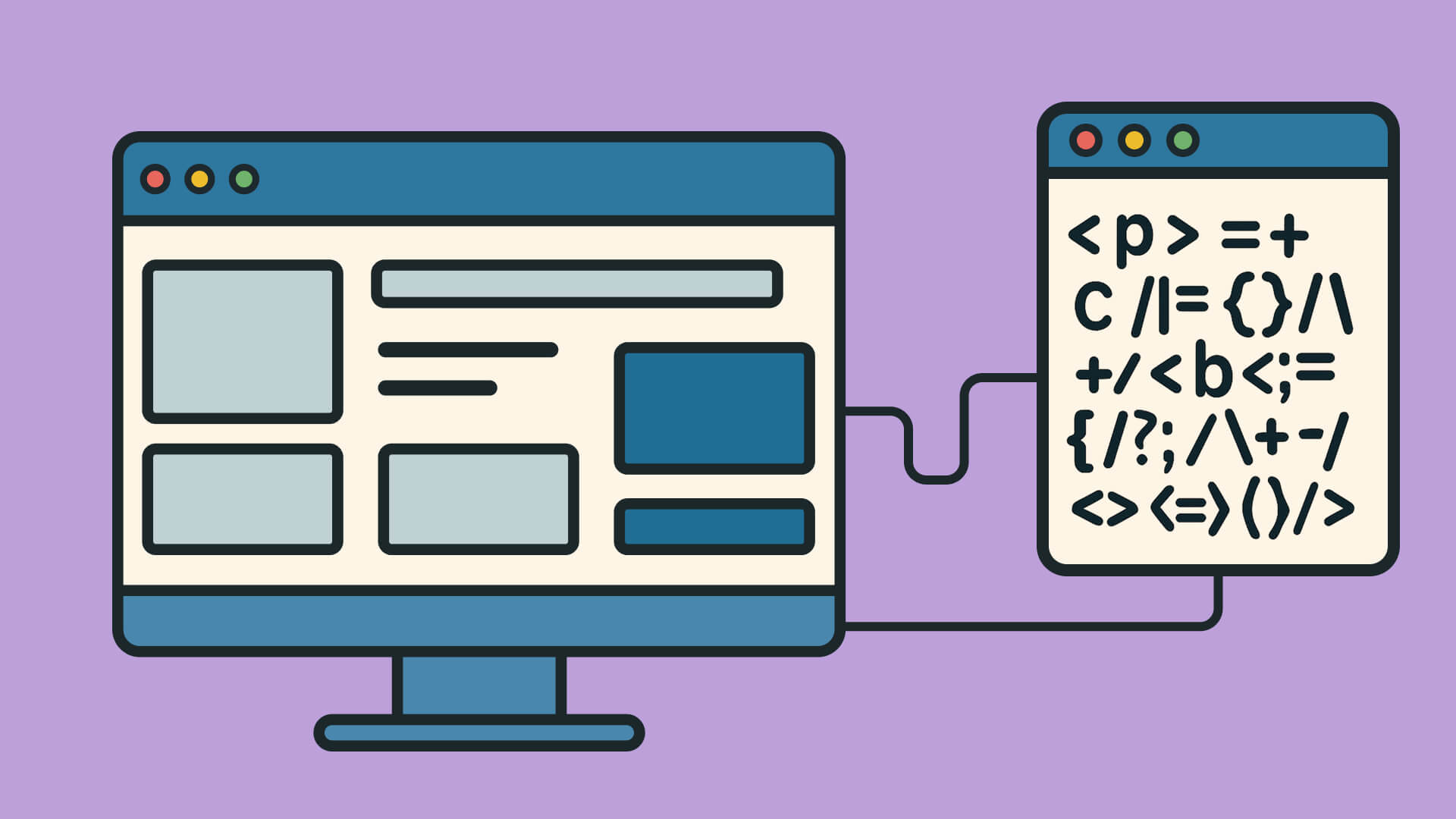 Computer mit Website verbunden zu Code-Fenster mit HTML-Tags wie p, b, div und CSS-Syntax