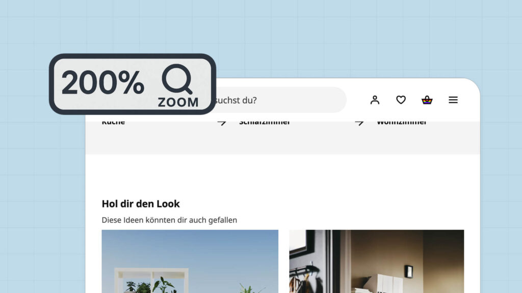 Website auf 200% Zoom zeigt vergrößerte Navigation und Produktbilder