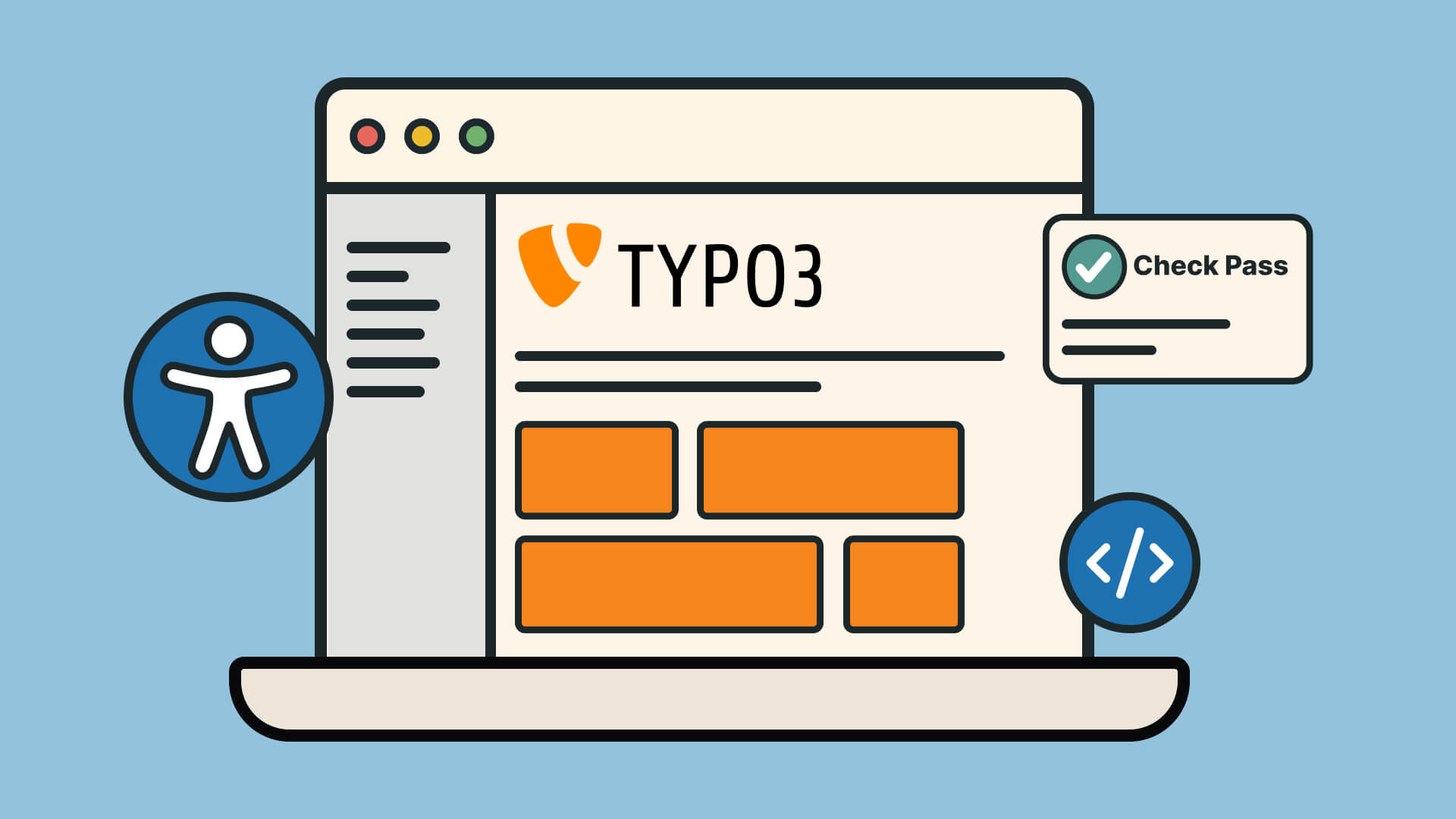 Laptop zeigt TYPO3 Website mit orangem Logo und Check Pass-Bestätigung, umgeben von Accessibility- und Code-Symbolen