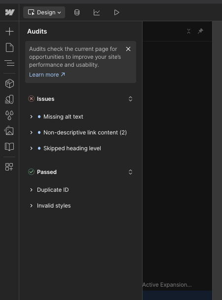 Webflow Design-Panel zeigt Accessibility-Audit mit Issues und Passed-Bereichen für Website-Prüfung