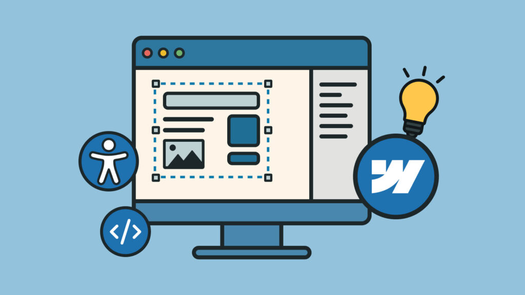 Computer zeigt Website-Design mit Seitenauswahl umgeben von Accessibility-, Code-, Webflow-Logo und Glühbirnen-Symbolen