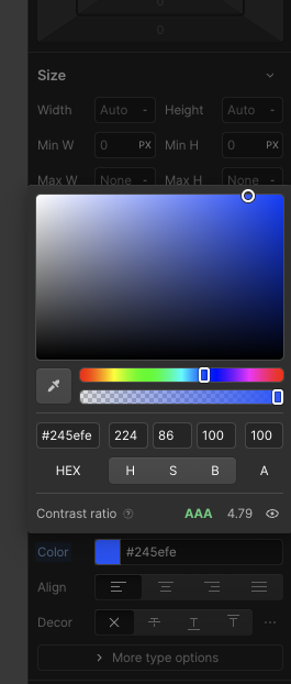 Webflow Farbwähler zeigt blauen Farbton (#245efe) mit Kontrastverhältnis 4.79 und AAA-Rating