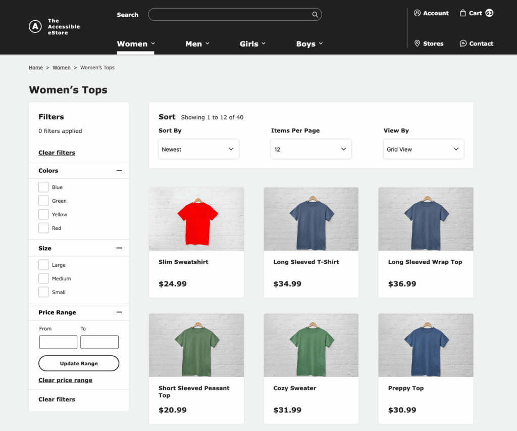 Barrierefreier E-Commerce-Shop mit Produktfiltern und Rasteransicht von Damen-Oberteilen