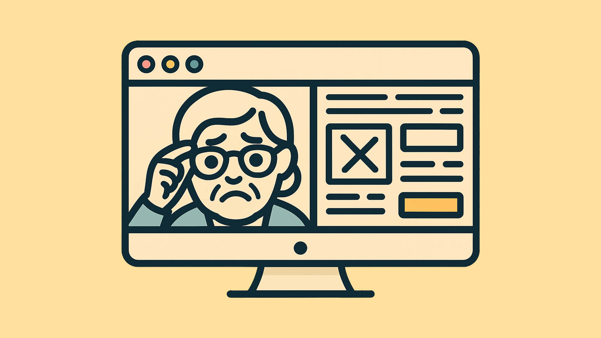 Person mit Kopfschmerzen vor Bildschirm mit unleserlicher Website