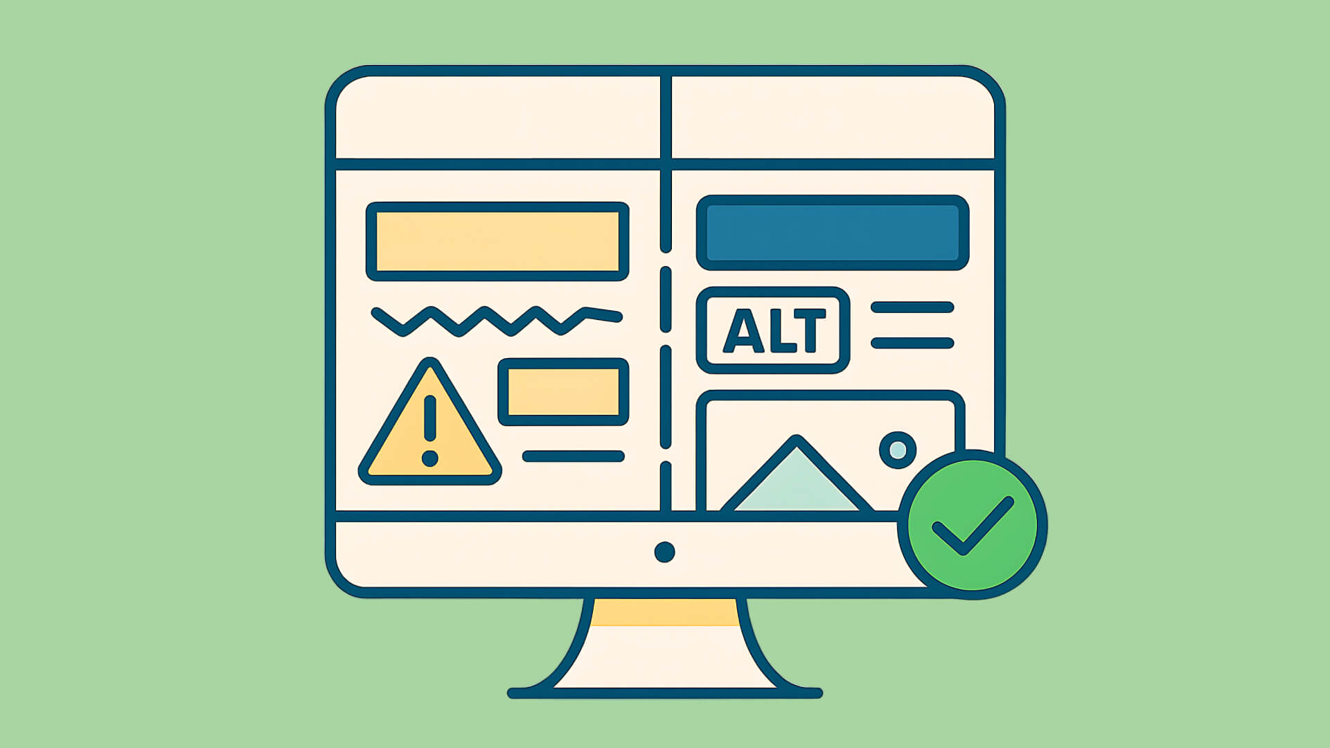 Bildschirm zeigt Website-Prüfung: Warnung links, korrekte Alt-Texte rechts mit grünem Häkchen