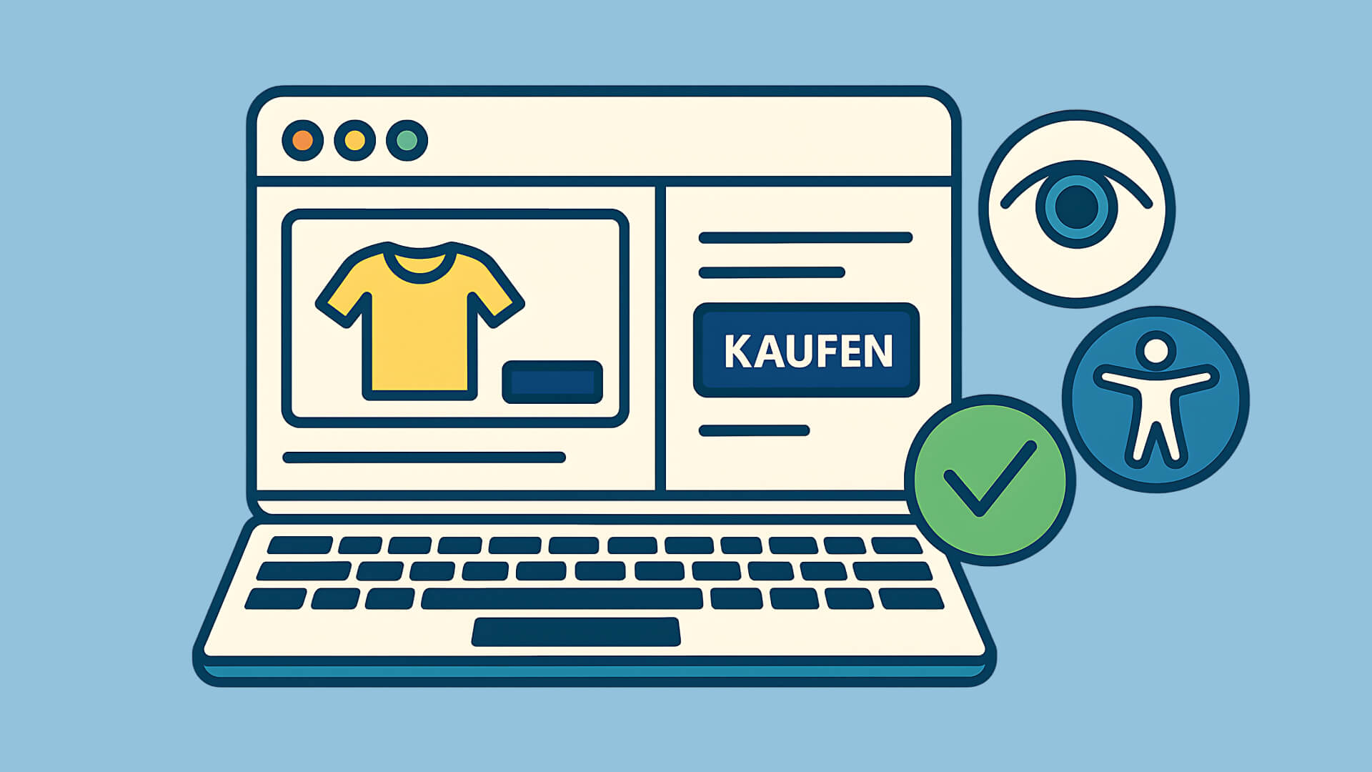 Laptop zeigt barrierefreien Online-Shop mit Accessibility-Symbolen und grünem Häkchen