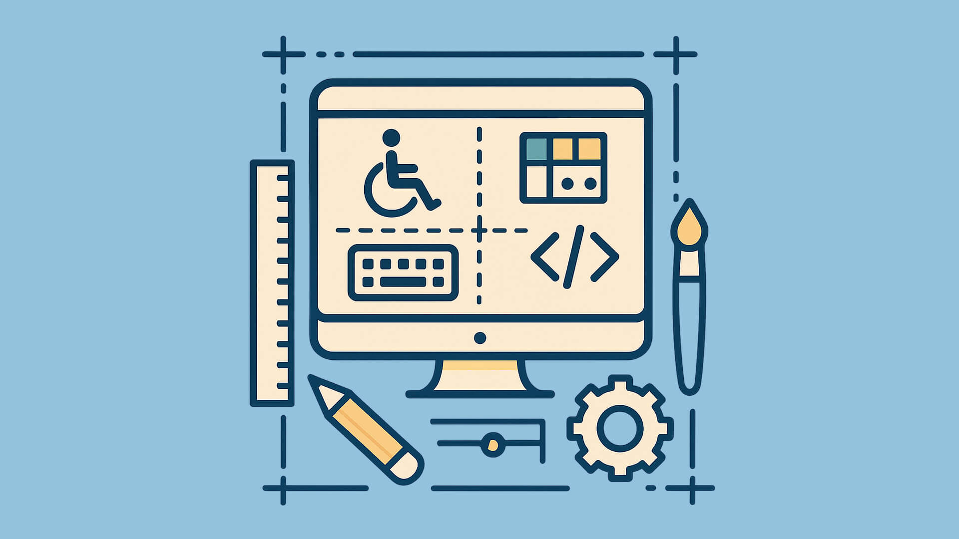 Monitor mit Barrierefreiheits-Symbolen umgeben von Design- und Entwicklungswerkzeugen