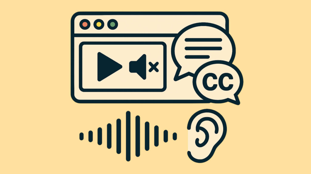Symbolgrafik: Videoplayer mit Untertiteln, daneben Schallwelle und Ohr als Hinweis auf Hörbehinderungen.